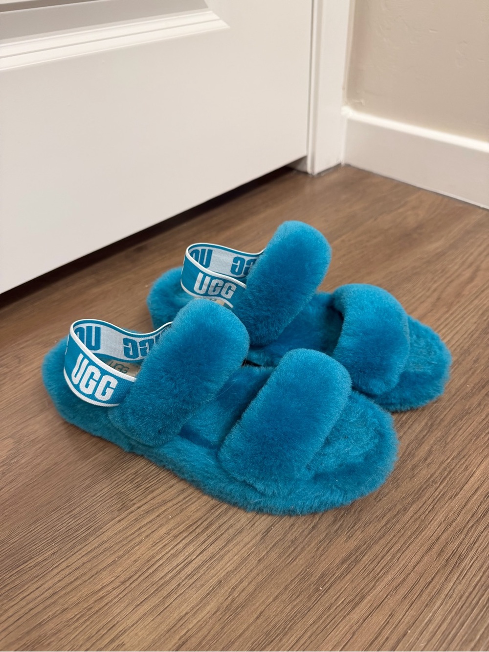 UGG Turquoise Fuzzy Slide Sandals